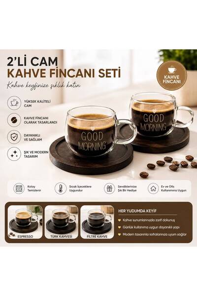 TUNAY 2'li Good Morning Yazılı Cam Kahve Fincan Seti- Ahşap Altlıklı