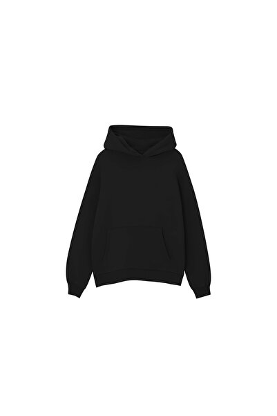 Unisex Basic Siyah Kapüşonlu Sweatshirt Hoodie 3 İplik Şardonlu Kumaş