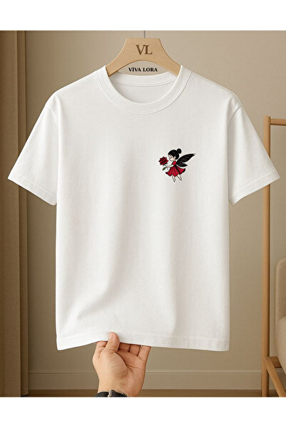 VİVA LORA Tiny Fairy and Rose Printed 100% Cotton Crewneck Regular Women's T-...