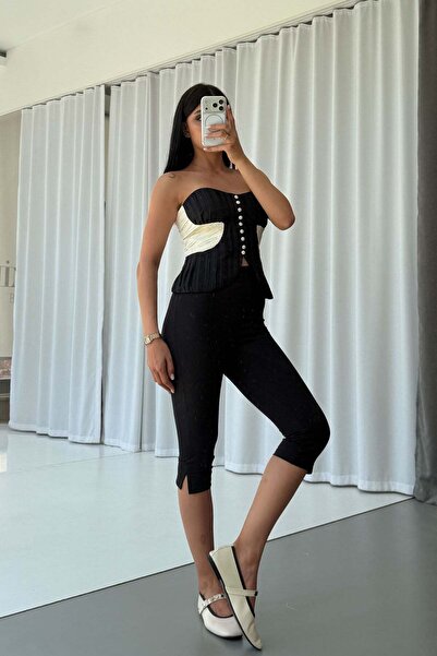 Mine Tan Butik بنطلون كابري نسائي بفتحة جانبية - أسود