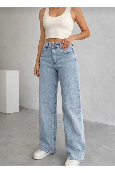 MAKRAS EXCLUSIVE Women's Blue Snow Wash High Waist Palazzo Jean Trousers Stre...