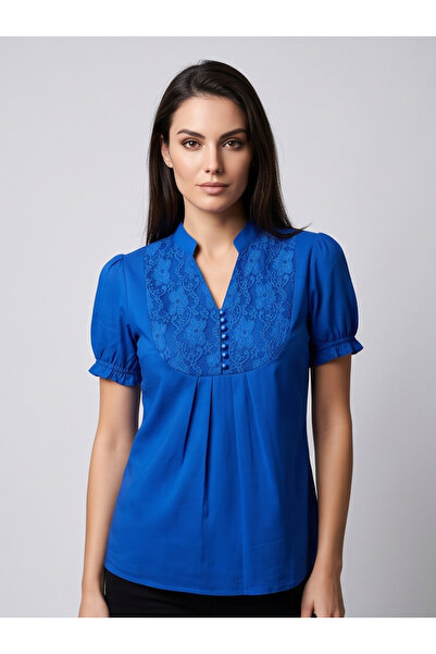 Herry Women's 100% Cotton Lace Detailed Judge V-Neck Short Sleeve Stylish Blouse
