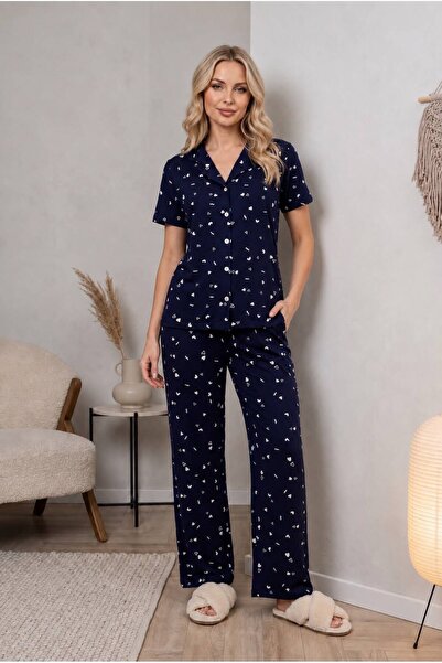 WERSEL Lacivert Kalp Desenli Düğmeli Kısa Kollu Pijama Takımı