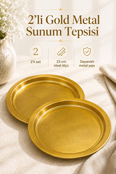 DİVAYS 2'li Gold Metal Sunum Tepsisi 23 cm Dekoratif Yuvarlak Kahve ve İkram ...