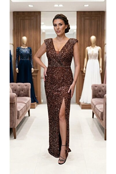 DagaFashion Rochie lunga ciocolatie din paiete Aida