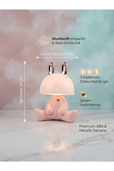 LİGHT HOUSE Sevimli Tavşan Pembe Kulaklı Bluetooth Hoparlörlü Çocuk Odası & G...