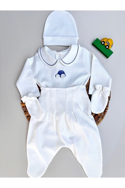Mama Miel Baby Handmade Car Detailed Ecru Newborn Hospital Release Set of 4 100% Cotton / Limited Edition