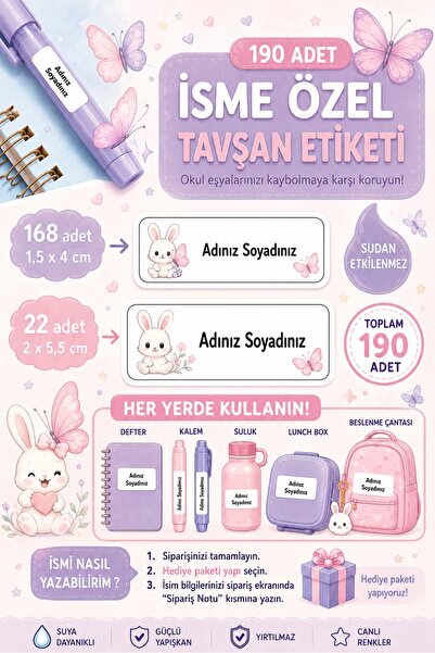 WALLHUMAN 190 Adet İsme Tavşan Okul Etiketi Seti – Suya Dayanıklı İsim Etiket...
