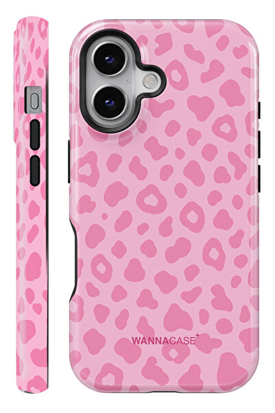 WANNACASE iPhone 16 Pink Leopar Çift Katmanlı Essential Tough Telefon Kılıfı