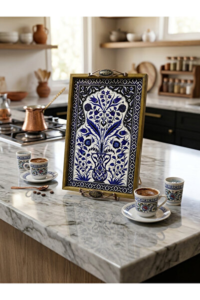 ANKAMOR El Yapımı Kütahya Çini Desenli Ahşap Tepsi, Lacivert Beyaz Dekoratif ...