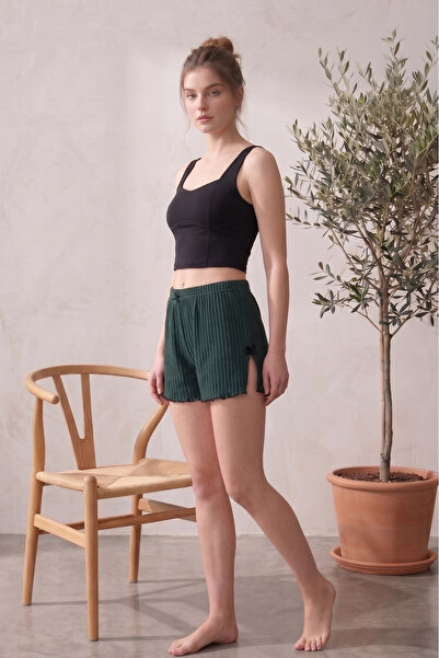 Farya Home Cotton Camisole Shorts with Slits, Stripes, Bow Detail, and Ribbed...