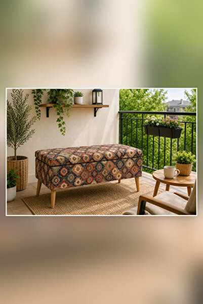 Üçöz Sandıklı Puf Bench Etnik Desenli Ahşap Ayaklı Depolama Alanlı Oturma Bankı