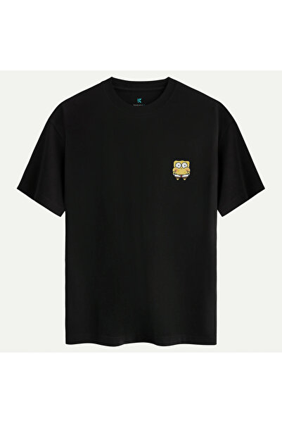 Oversize %100 Pamuk Unisex Spongebob Mood Baskılı Tişört - Siyah
