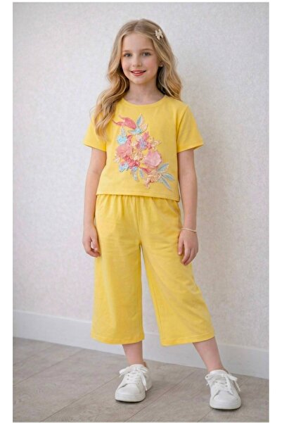 wees mod Floral Printed Girls' Summer T-Shirt and Pants Set