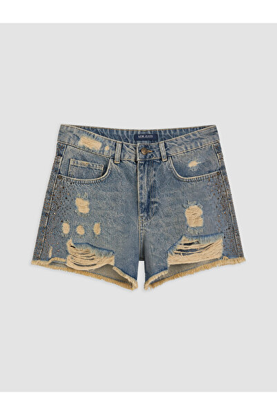 LC Waikiki Indigo Ripped Detailed Stoned Women's Jean Shorts