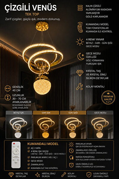 Genel Markalar Çizgili Kalın Kasa Venüs Tek Toplu Gold LED Avize - 4 Renk Ayd...