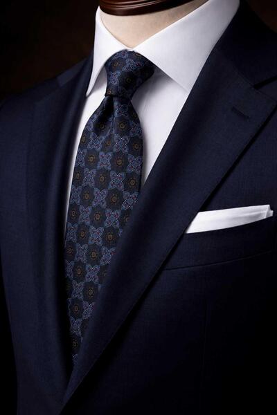 Kravatkolik Navy Blue Motif Patterned Italian Silk Tie İk2497