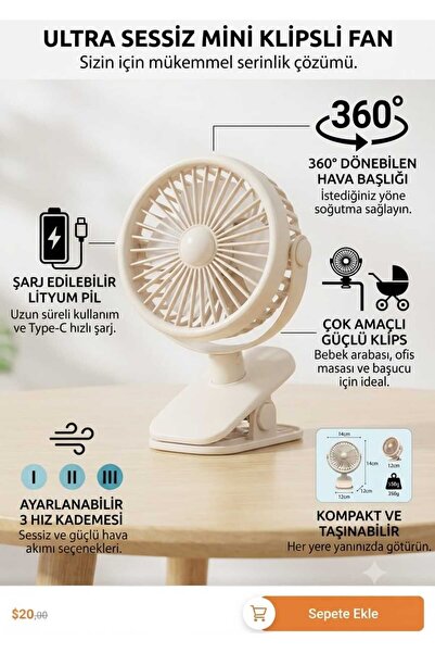 segyhome Mandallı Masa Üstü Mini Fan - 360° Dönebilen Taşınabilir Şarjlı Masa...