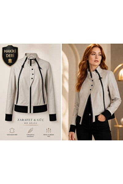 Doze Gray Women's Fabric Detailed Sports Genuine Leather Jacket