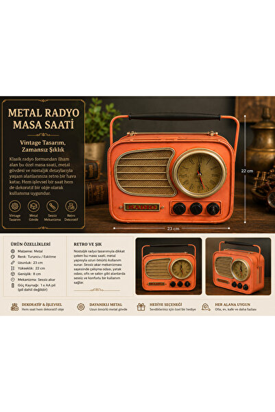 Atak Hediyelik Vintage Metal Radyo Masa Saati – Retro Dekoratif Saat – 23 x 2...
