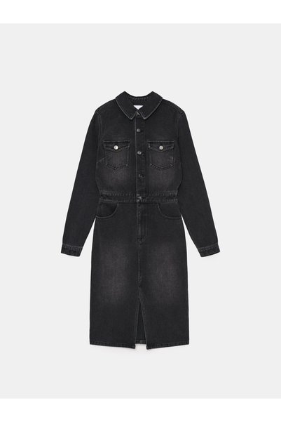 NO BRAND Rochie midi din denim grafit, cu mânecă lungă și șliț, cu bumbac, 36
