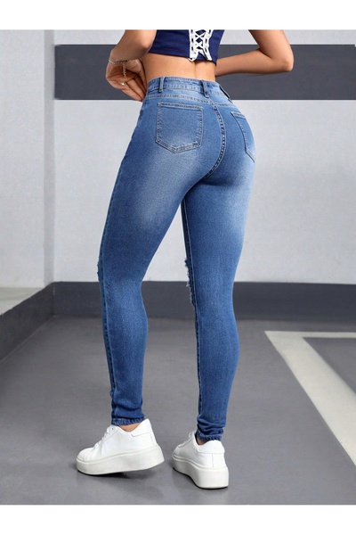 NO BRAND Pantaloni din denim albaștri, strâmți, talie medie, cu rupturi și gă...