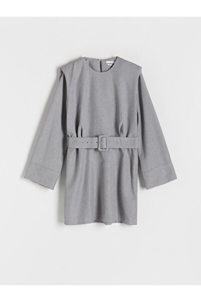 NO BRAND Rochie simplă gri, cu decolteu rotund, mâneci lungi, cu curea, XL