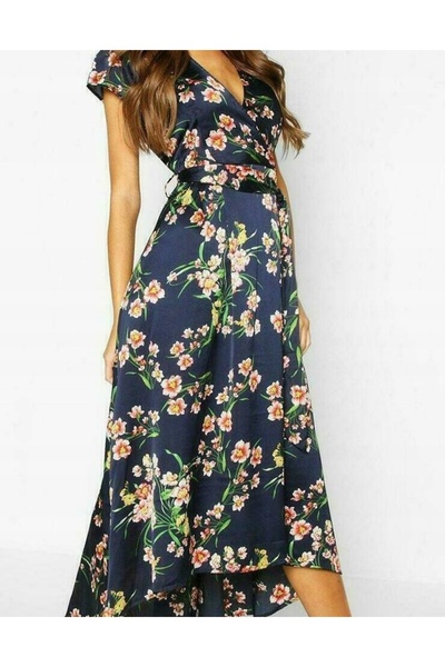 NO BRAND Rochie midi asimetrică din satin, bleumarin, cu imprimeu floral și c...