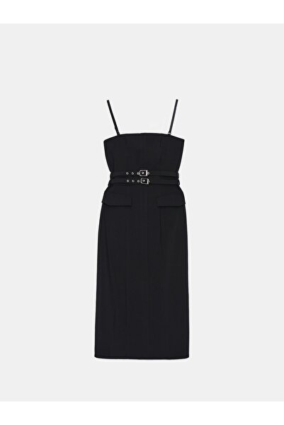 NO BRAND Rochie midi simplă, clasică, neagră, cu dungi 32