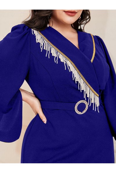 NO BRAND Rochie midi albastră cu mânecă lungă, cu curea franjurată, mărimi ma...