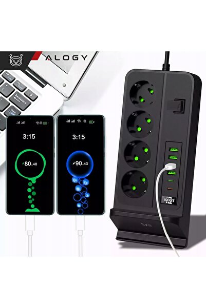 NO BRAND Prelungitor cu 4 porturi USB, 2 porturi USB-C, 4 prize europene, înc...