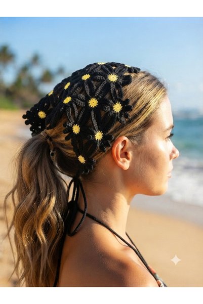 ladyzey Women's Black and Yellow Crochet Flower Patterned Hair Bandana