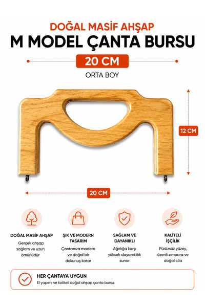 vollen yarn Lemn masiv natural, model M, cadru pentru geantă de 20 cm, cadru ...