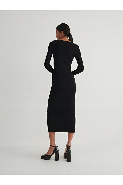 NO BRAND Rochie creion midi neagră, tricotată, clasică, cu dungi și volane, m...