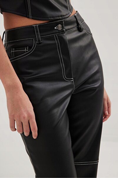 NO BRAND Pantaloni simpli negri cu talie înaltă din piele ecologică Na-Kd 44