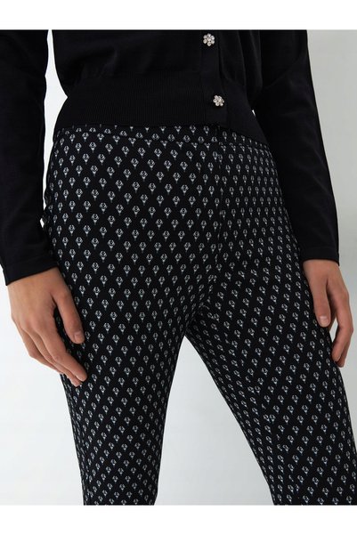 NO BRAND Pantaloni negri din material textil cu model, evazați, cu talie înal...