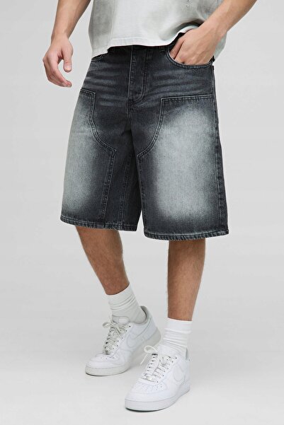 NO BRAND Șorturi din denim gri, cusături clasice pentru buzunare, bumbac, Boo...