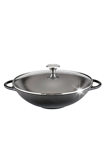 NO BRAND Wok din fontă cu capac de sticlă, mediu, 30 cm, Kuchenprofi