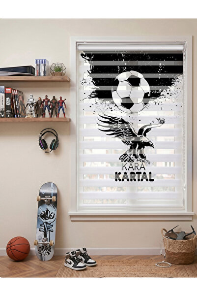AD Home Kara Kartal ve Futbol Topu Dijital Baskılı Spor Odası Siyah Beyaz Zeb...