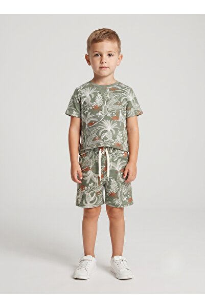 Babyqlo Boys Olive Green Tropical Print T-Shirt and Shorts Set