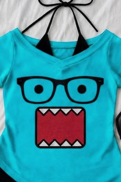Karakedi Domo Kun Ek Strap Detail Y2K Short Sleeve Crop Body