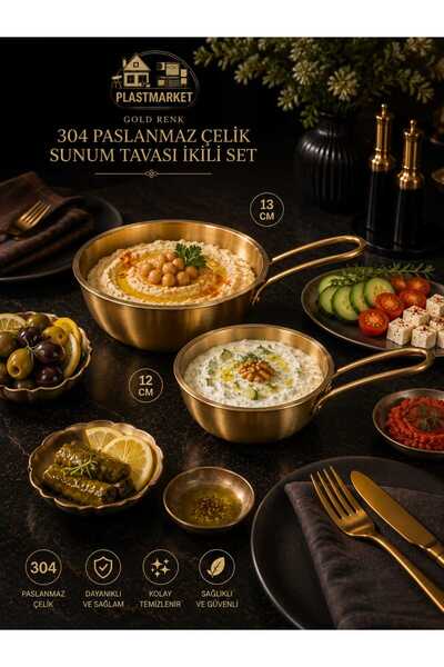 PLASTMARKET 2'li Set Gold Renk Paslanmaz Çelik Sunum Tavası | Meze Sos Kahval...