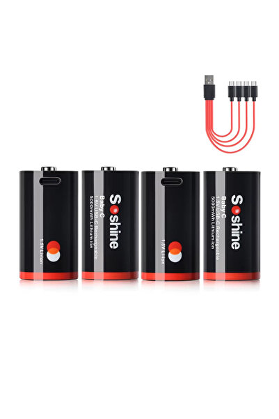 Soshine بطاريات C قابلة لإعادة الشحن مع كابل شحن USB-C، بطارية ليثيوم 1.5 فول...