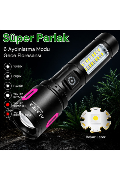 farissu Alaska Şarjlı LED El Feneri | 1500–2000 Lümen | Zoomlu 500–600 m | Çi...