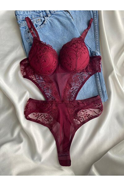 Gold Night Kadın Bordo Dantelli Destekli Transparan Çıtçıtlı Sütyenli Body Bo...