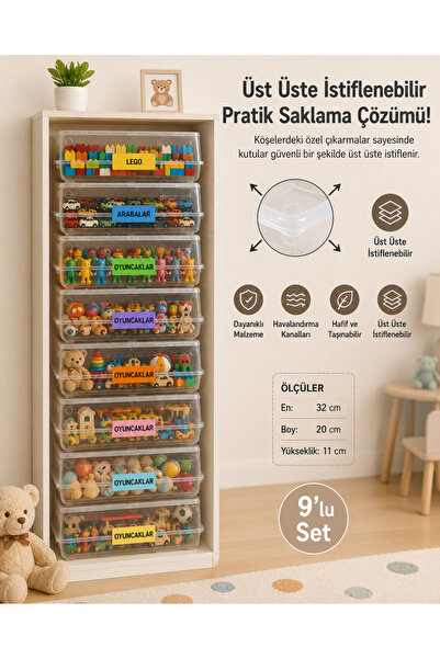 Mim Life Oyuncak Saklama Kutusu Şeffaf Kapaklı 32x20x11 cm 9 lu Set | Çocuk O...