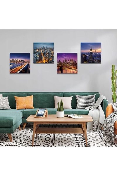NO BRAND Tablouri pe pânză Oraș noaptea, 4 piese, 30×30 cm, Decorațiune de pe...