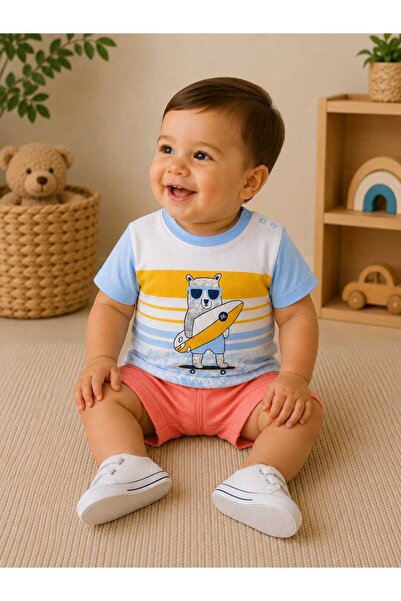 krm kerem bebe 100% Cotton Pocketed Surfer Teddy Bear Top and Bottom Two-Piec...