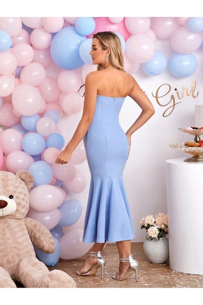 NO BRAND Rochie de maternitate albastră tip creion, cu umerii goi, Joyfunear 44
