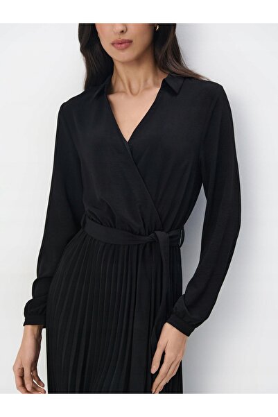 NO BRAND Rochie neagră Midaxi plisată cu mânecă lungă, clasică, culoare uni, ...